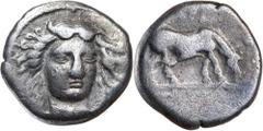 Greek Silver & Bronze Coins Thessaly, Larissa, (400-370 B.C.), silver drachm, (5.80 g), obv, facing head three-quarter to right of nymph Larissa with spread wild hair, dotted border, rev. horse grazin