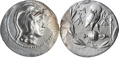 Greek Silver & Bronze Coins Attica, Athens, silver tetradrachm, (176-175 B.C.) or revised date 144-143 B.C., (16.10 g), obv. head of Athena Parthenos to right, wearing triple crested Athenian helmet, 