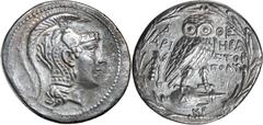 Greek Silver & Bronze Coins Attica, Athens, silver tetradrachm, (168-167 B.C. or 136-135 B.C. revised date), (16.81 g), obv. head of Athena Parthenos to right, wearing triple crested Athenian helmet, 