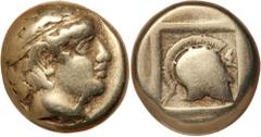 Ancient Gold Coins - Greek Lesbos, Mytilene, electrum sixth stater or hekte, (450-445 B.C.), (2.50 g), obv. youth head to right, wearing a diadem, rev. Corinthian helmet to right, S to right all withi