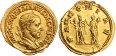 Ancient Gold Coins - Roman Trajan Decius, (A.D. 249-251), gold aureus, issued 249, Rome mint, (4.82 g), obv. laureate and cuirassed bust to right of Trajan Decius, around IMP C M Q TRAIANVS DECIVS AVG