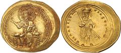 Ancient Gold Coins - Byzantine Isaac I, (A.D.1057-1059), scyphate gold histamenon nomisma, Constantinople mint, (4.39 g), obv. Christ seated facing on throne without arms, wearing nimbus, raising righ