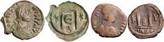 Byzantine Silver & Bronze Coins Justin I, (A.D. 518-527), AE various denominations, Constantinople mint, follis A/CON, B/CON, D /CON, E/CON (S.62, DOC 8a, 8b, 8d, 8e), A/CON D /CON (S.63, DOC 9a, 9d),