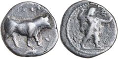 Greek Silver & Bronze Coins ITALY, Lucania, Metapontum, (c.330-300 B.C.), silver diobol (1.22 g), obv. head of Apollo Karneios to right, rev. barley ear with leaf to right, uncertain symbol to right, 