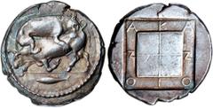 Greek Silver & Bronze Coins MACEDON, Akanthos, (470-430 B.C.), Attic standard, silver tetradrachm, 27mm, (16.71 g), obv. bull kneeling to left, looking forward, attacked by lion to right on his back, 