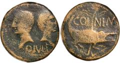 Roman Silver & Bronze Coins - Imperial AUGUSTUS, (27 B.C. - A.D. 14), AE dupondius or as, Nemausus mint, issued after 16-15 B.C -A.D. 10, (12.06 g), obv. head of Agrippa to left wearing rostral crown 