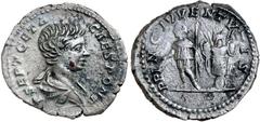 Roman Silver & Bronze Coins - Imperial GETA, (A.D.209-212), issued as Caesar, 200 A.D., silver denarius, Rome mint, (3.16 g), obv. P SEPT GETA CAES PONT, bust draped to right, rev. around PRINC IVVENT