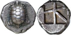 Greek Silver & Bronze Coins Attica, Aegina, (456-431 B.C.), silver stater, (12.01 g), obv. land tortoise with segmented shell, rev. incuse square of large "skew" design, (S.2600, Meadows Aegina Group 