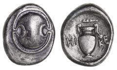 Greek Silver & Bronze Coins Boiotia, Thebes, (Circa 395-338 B.C.), silver stater (11.97 g), Hike Magistrate, obv. Boiotian shield, rev. amphora with ivy leaf from right handle, across fields HI - KE, 