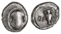 Greek Silver & Bronze Coins Boiotia, Thebes, (Circa 395-338 B.C.), silver stater (11.94 g), Klee[s] Magistrate, obv. Boiotian shield, rev. amphora with thymiaterion in field to right, across fields KL