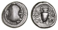 Greek Silver & Bronze Coins Boiotia, Thebes, (Circa 379-368 B.C.), silver stater (12.10 g), Charo.. Magistrate, obv. Boiotian shield, rev. amphora with ivy wreath with berries in upper fields, across 