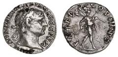 Roman Silver & Bronze Coins - Imperial Trajan, (A.D. 98-117), silver denarius, Rome Mint, issued 102, (3.07 g), obv. laureate head of Trajan to right, draped on far shoulder, around IMP CAES NERVA TRA