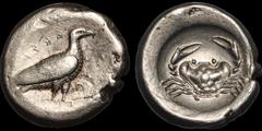 Greek SICILY. Akragas. Circa 495-80/78 B.C. AR didrachm. 8.41 gm. 20 mm. Sea eagle with closed wings standing right; AKRAC-AΣ / Crab within incuse circle. Westermark, Coinage, Period I, Group III, 219