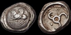 Greek DYNASTS OF LYCIA. Khinakha(?). Circa 440/30-400 B.C. AR stater. 9.93 gm. 20 mm. Uncertain mint (Limyra?). Pegasos flying left, pellet below, all on raised round shield / Triskeles with central p