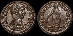 Roman Imperial Helena, mother of Constantine I. Augusta, A.D. 324-328/30. Æ follis. 3.34 gm. 19 mm. Siscia mint, 3rd officina. Struck under Constantine I, A.D. 328-329. Her diademed and draped bust ri