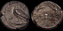 Greek SICILY. Akragas. Circa 450-440 B.C. AR litra. .58 gm. 8 mm. Eagle standing left on Ionic capital / Crab; ΛI (mark of value) below. HGC 2, 121. Westermark, Coinage, 467. SNG ANS 989-995. Near Ext