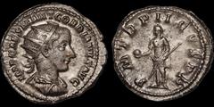 Roman Imperial Gordian III. A.D. 238-244. AR antoninianus. 22 mm. Antioch mint. His radiate, draped, and cuirassed bust right, seen from behind; IMP CAES M ANT GORDIANVS AVG / Providentia standing lef