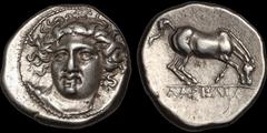 THESSALY. Larissa. Early to mid 4th century B.C. AR drachm. 5.91 gm. 20 mm. Head of the nymph Larissa facing slightly left, wearing necklace and pendant earring with a bead; her right shoulder with a 