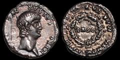 Nero. A.D. 54-68. AR denarius. 3.51 gm. 18 mm. Rome mint. Struck A.D. 60-61. His bare head right; NERO CAESAR AVG IMP / PONTIF MAX TR P VII COS IIII P P around oak wreath enclosing EX S C. RIC I 22 (R