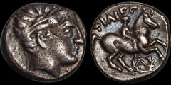 Greek KINGS OF MACEDON. Philip II. 359-336 B.C. AR 1/5 tetradrachm. 2.57 gm. 13 mm. Amphipolis mint. Struck under Antipater, Polyperchon, or Kassander, circa 323/2-316/5 B.C. Head of Apollo right, wea