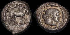 Greek SICILY. Syracuse. Hieron I. 478-466 B.C. AR tetradrachm. 16.91 gm. 23 x 26 mm. Struck circa 475-470 B.C. Charioteer driving slow quadriga right, kentron in right hand, reins in left; above, Nike