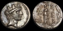 Greek CILICIA. Aigeai. Circa 47/6-27/6 B.C. AR tetradrachm. 14.67 gm. 27 mm. Dated CY 18 (30/29 B.C.). Turreted and veiled bust of the Tyche of Aigeai to right, within fillet border / Athena Nikephoro