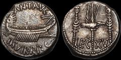 Roman Imperatorial ROMAN IMPERATORIAL. Mark Antony. Autumn 32-Spring 31 B.C. AR Legionary denarius. 3.59 gm. 16 mm. Patrae(?) mint. Praetorian galley right; ANT AVG III VIR R P C / Aquila between two 