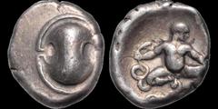 Greek BOEOTIA. Thebes. 425-400 B.C. AR stater. 11.73 gm. 23.5 mm. Aeginetic standard. Boeotian shield / Hercules as an infant, nude, seated front, facing right, strangling a serpent with each hand. SN