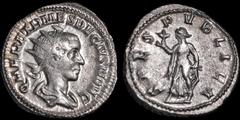 Herennius Etruscus. As Caesar, A.D. 249-251. AR antoninianus. 5.1 gm. 22 mm. Rome mint. Struck A.D. 250-251. His radiate and draped bust right; Q HER ETR MES DECIVS NOB C / Spes advancing left, holdin