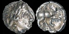 Celtic CELTIC BRITAIN. Atrebates and Regni. Tincommius. Circa 20 B.C.-A.D. 10. AR unit. 1.32 gm. 12 mm. Laureate head right / Bull rearing right, TI[N] above, C below. S. 85. Rudd 1118. Very Fine; lig