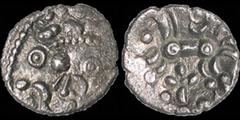 Celtic CELTIC BRITAIN. Dobunni. Uninscribed. Circa 50-20 B.C. AR unit. 0.97 gm. 13 mm. Irregular series. Celticized head right / Triple-tailed horse left, 'flower' motif below, stylized bird's head ab