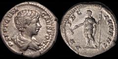 Roman Imperial Geta. As Caesar, A.D. 197-209. AR denarius. 3.36 gm. 19 mm. Rome mint. Struck circa A.D. 200-202. Young Geta's bare headed and draped bust right; P SEPT GETA CAES PONT / Geta standing l