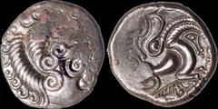 Celtic CHANNEL ISLANDS, ARMORICA. Celtic Migration. 75-50 B.C. Billon stater. 6.36 gm. 20 mm. Stylized head right, anchor nose / Celtic style horse right, boar below, driver above. S. 16. ABC 67. Near