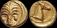 Greek ZEUGITANA. Carthage. The Carthaginians in Sicily, Sardinia and North Africa. Circa 350-320 B.C. AV 1/10th stater. .94 gm. 7 mm. Palm tree with a date cluster hanging down on each side; border of