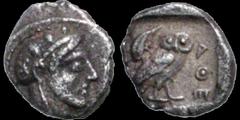 Greek ATTICA. Athens. Circa 455-449 B.C. AR hemiobol. .33 gm. 6 mm. Helmeted head of Athena right / Owl standing right, head facing; olive sprig and crescent behind; ΑΘΕ before. Starr group V. SNG Cop
