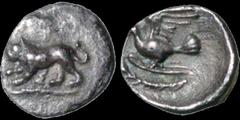 Greek PELOPONESSOS. SIKYONIA. Sikyon. Circa 431-400 BC. AR hemiobol. .36 gm. 8 mm. Lion on ground line, at bay left; Σ below / Dove flying left (trailing fillet below?). BCD Peloponnesos -; BMC 43 var