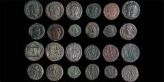 Roman Imperial TWELVE LATE ROMAN BRONZE COINS.Maxentius: •Follis. Roma in hexastyle temple. RIC 202a (Rome). Near EF, lightly silvered. •Follis. The Dioscuri. RIC 35 (Ostia). VF+. Licinius I. •Follis.