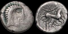 Celtic CELTIC BRITAIN. East Anglian Region, Iceni. (Boudicca, dec. ca A.D. 60). A.D. 30-43?. AR unit. 1.17 gm. 14 mm. Celticized bust right / Horse right, symbols around. ABC 1567. S. 434. VA 792. Fin