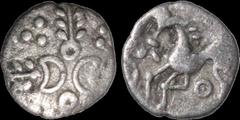 Celtic CELTIC BRITAIN. East Anglian Region, Iceni. A.D. 30-43?. AR unit. 1.24 gm. 16 mm. Early Pattern. Cross of two opposd crescents / Celticized horse left, pellet-in-circle below. ABC 1591var. S. 4