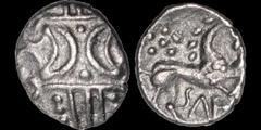 Celtic CELTIC BRITAIN. East Anglian Region, Iceni. Saenu. A.D. 30-43(?). AR unit. 1.19 gm. 16 mm. Two opposed crescents / Horse right, SAE below. ABC 1699; S. 446. Good Very Fine; light porosity.