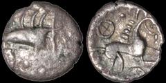 Celtic CELTIC BRITAIN. North Eastern Region. Corieltavi. AR half unit. .78 gm. 12 mm. Proto Boar Wheel type right. Boar right / Horse right, four-spoked wheel above. ABC 1827. S. 399 var. Fine/Very Fi