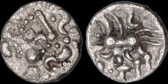 Celtic CELTIC BRITAIN. Western Region. East Wiltshire. AR unit. .93 gm. 14 mm. "Moonhead" / Horse left with triple tail. ABC 2125 var. S. 378. Very Fine; light porosity.