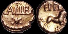 Celtic CELTIC BRITAIN. Southern Region. Regni and Atrebates. Eppilus circa 20 B.C. - A.D. 1. AV quarter stater. 1.18 gm. 9 mm. CALLEV (C and V partly off), a star above and below / A lion leaping righ