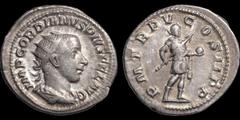 Roman Imperial Gordian III. A.D. 238-244. AR antoninianus. 4.32 gm. 23 mm. Rome mint. Struck A.D. 241-243. His radiate, draped, and cuirassed bust right, seen from behind; IMP GORDIANVS PIVS FEL AVG /