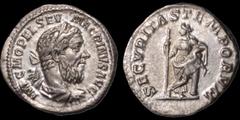 Roman Imperial Macrinus. A.D. 217-218. AR denarius. 3.05 gm. 19 mm. Rome mint. His laureate, draped, and cuirassed bust right, with longer beard; IMP C M OPEL SEV MACRINVS AVG / Securitas standing lef