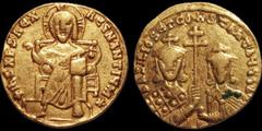 Byzantine Basil I the Macedonian, with Constantine. 867-886. AV solidus. 4.34 gm. 20 mm. Constantinople mint. Christ Pantokrator enthroned facing, raising hand in benediction and holding book of Gospe