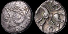 Celtic CELTIC BRITAIN. Southern: Regini and Atrebates. Commios. Circa 50-25 B.C. AR minim. .32 gm. 8 mm. Square with concave sides, pellet-in-annulet center, similar motifs on outside of each four lin