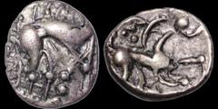Celtic CELTIC BRITAIN. Iceni. Early uninscribed coinage, mid to late 1st Century B.C. AR unit. 1.17 gm. 11 mm. Stylized boar right / Horse right, pellet triad above, star below. ABC 1579. S. 431. Extr
