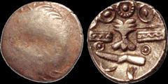 Celtic Britain CELTIC BRITAIN. Kent Region. Cantiaci. First Century B.C. AV quarter stater. 1.33 gm. 12 mm. Plain, faint lines at edges / A tree-like trophy; evenly sized rings above. S. -. ABC 189 (v