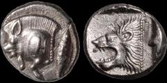 Greek MYSIA. Kyzikos. Circa 525-475 B.C. AR diobol. 1.16 gm. 10 mm. Forepart of a wild boar left; a tunny fish vertical behind / Head of a roaring lion left in an incuse square. SNG France 5: 361ff. C